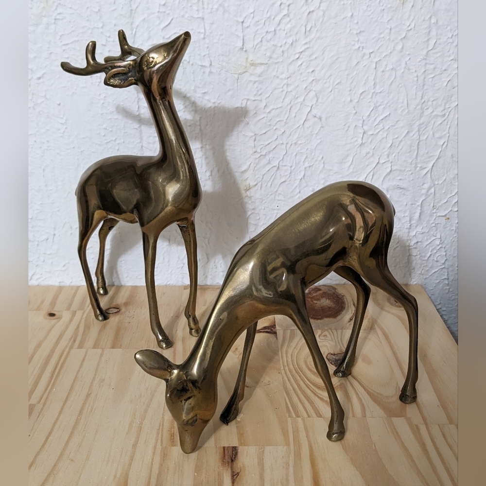 Vintage Brass Doe And Buck Paired Deer Figurines Sculpture